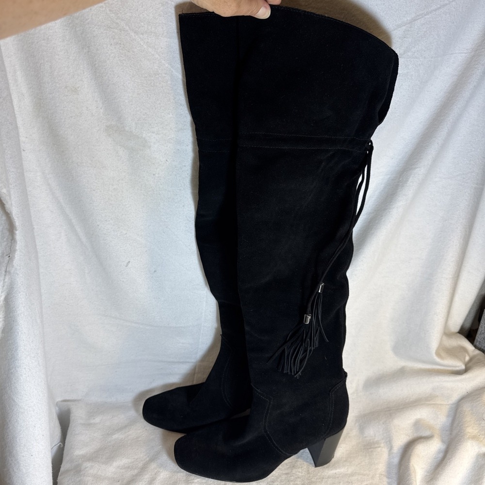 Womens Karl Lagerfeld Knee High Razo Black Suede Boots SZ 7.5 Tassels Side Zip
